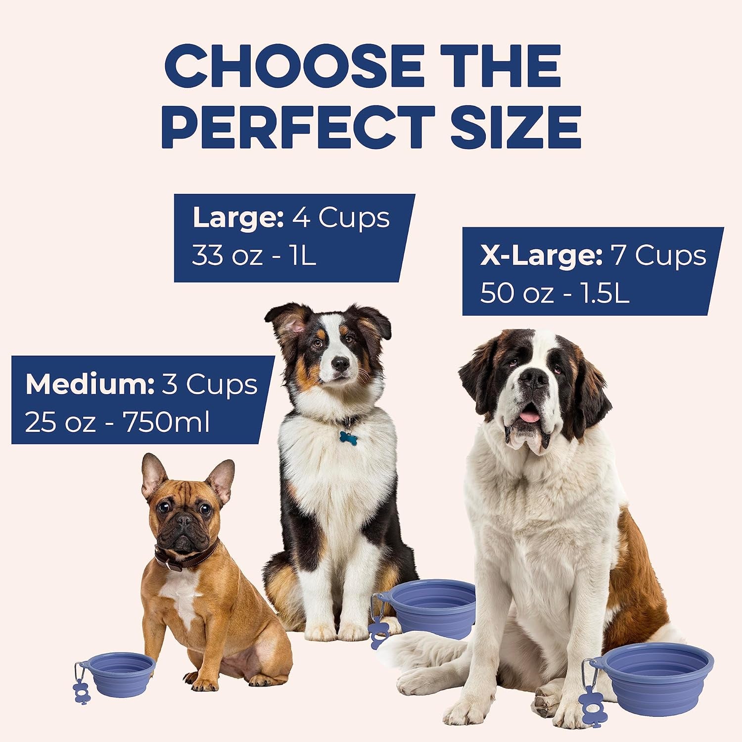 Collapsible Dog Water Bowl - Bpa-Free Silicone Dog Dish - Reinforced Rim Collapsible Bowl - Carabiner Clip Travel Dishes for Pets - for Hiking, Camping & Car Trips - Large 33 Oz, Navy Blue