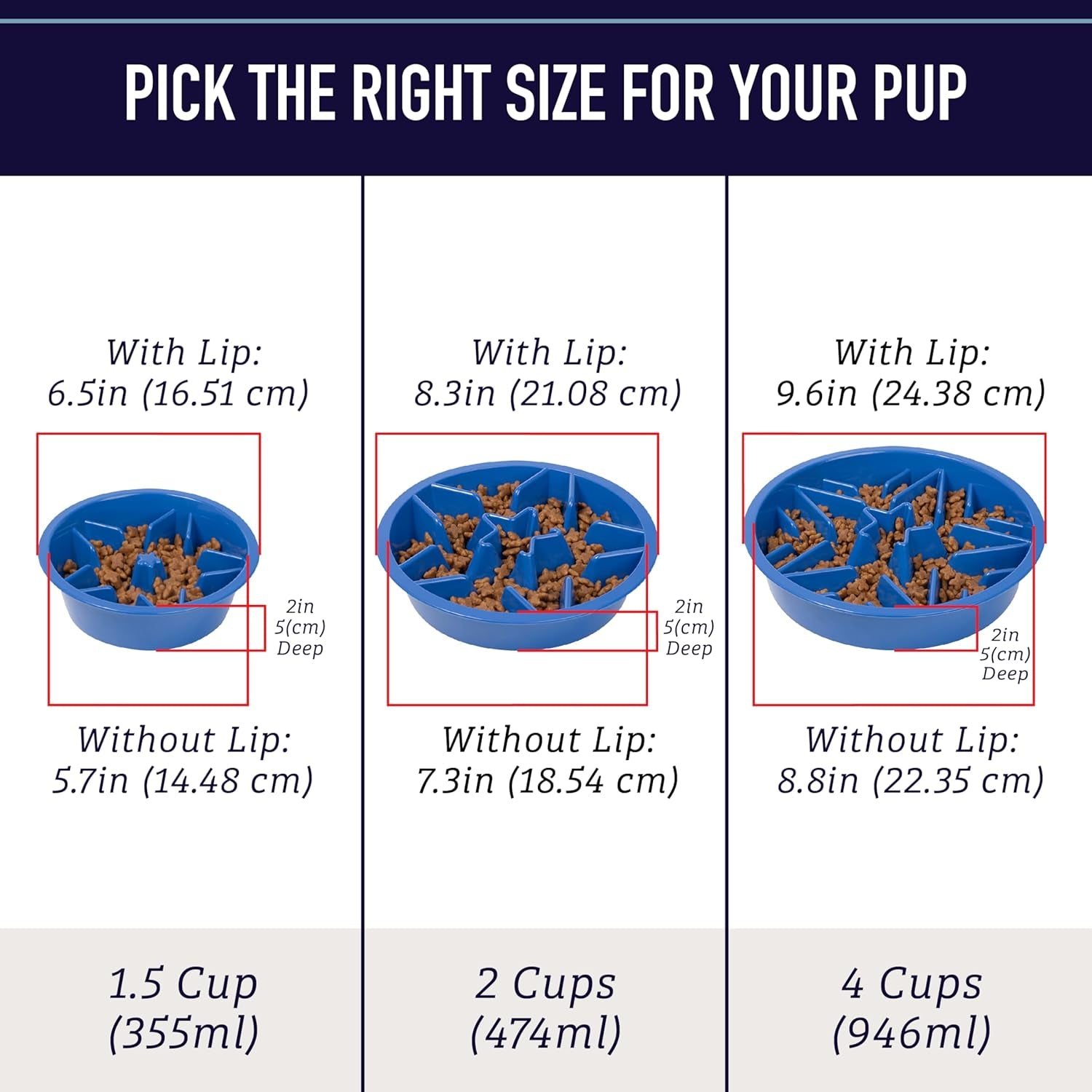 Slow Feeder Dog Bowls (2 Cup) Puzzle Dog Food Bowl - Fits into Elevated Pet Feeders - Slow Eating for Large, Medium & Small Sized Breeds - Gray