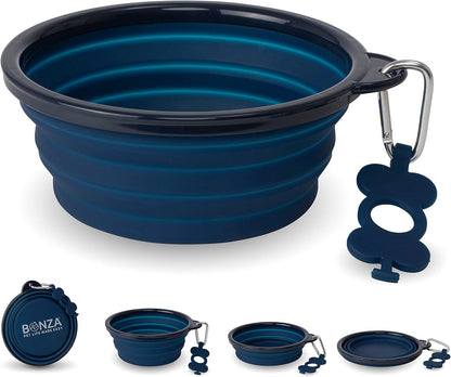 Collapsible Dog Water Bowl - Bpa-Free Silicone Dog Dish - Reinforced Rim Collapsible Bowl - Carabiner Clip Travel Dishes for Pets - for Hiking, Camping & Car Trips - Large 33 Oz, Navy Blue